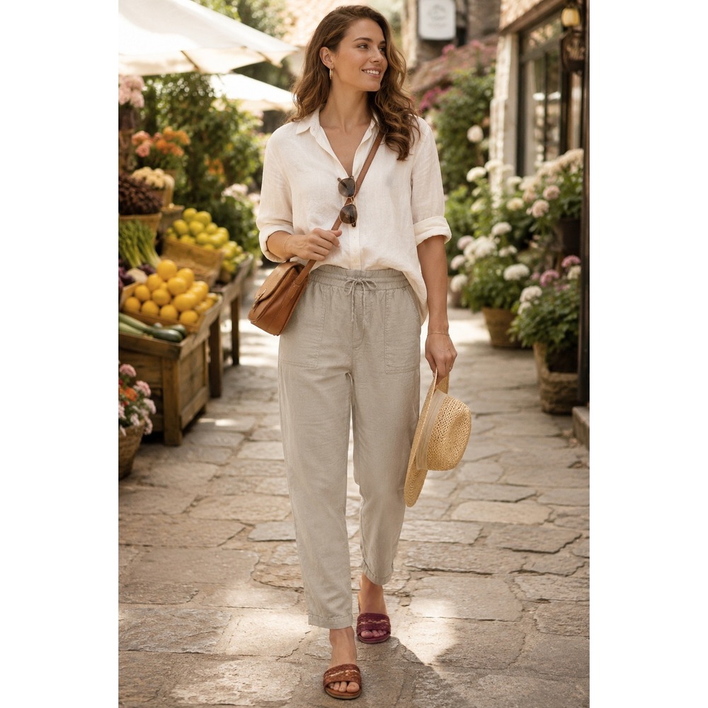 Old Navy Womens Linen Blend Cropped Pants Large Beige Elastic Waist Drawstring